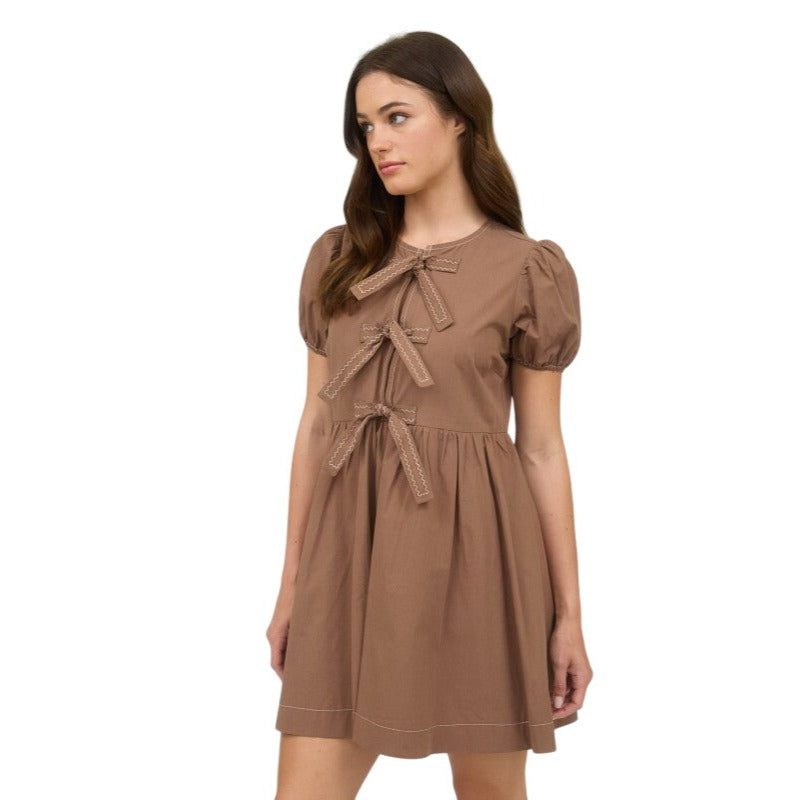 Blu Pepper Front Tie Short Puff Sleeve Babydoll Mini Dress CR2634