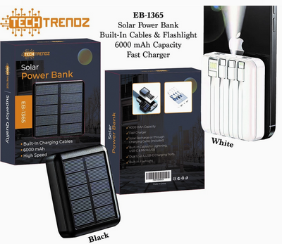 NEW Tech Trendz Solar Power Bank w/Built-in Cables - Black 1365