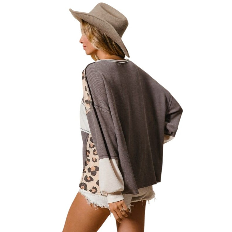 BIBI Charcoal Gray Leopard Top with Front Pocket IT2649R