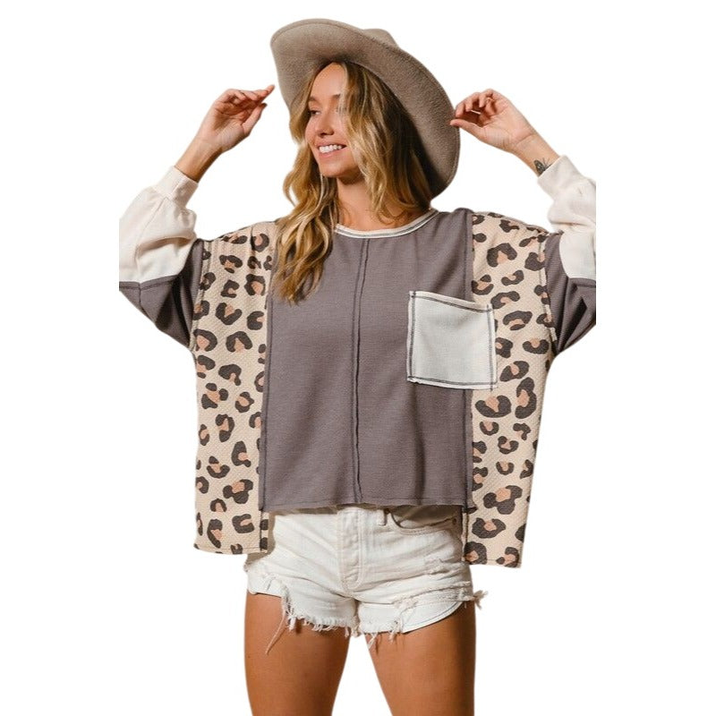 BIBI Charcoal Gray Leopard Top with Front Pocket IT2649R