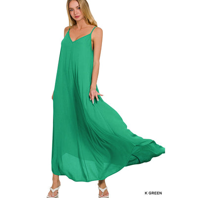 kelly green maxi dress Zenana Kelly Green Woven Crinkle Cami Maxi Dress Side Pockets QD-7179Y – dalia + jade