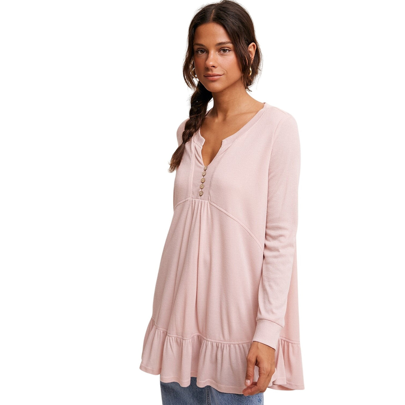 Listicle Rib & Ruffle Henley Knit Tunic Blush Top LD0886