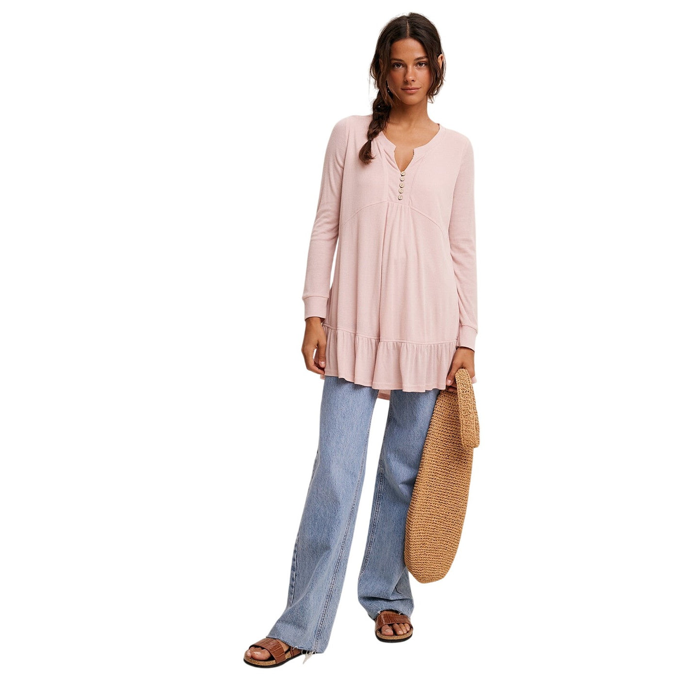 Listicle Rib & Ruffle Henley Knit Tunic Blush Top LD0886