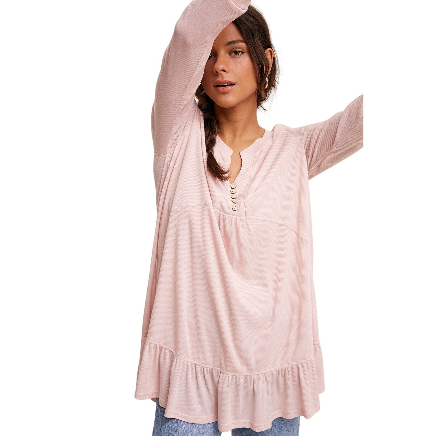 Listicle Rib & Ruffle Henley Knit Tunic Blush Top LD0886