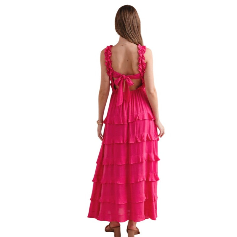 SO ME Smocked Ruffle Tier Maxi Dress With Open Back Fuchsia or