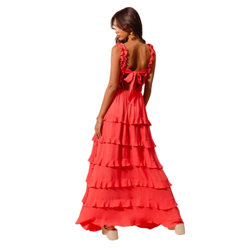 SO ME Smocked Ruffle Tier Maxi Dress With Open Back Fuchsia or