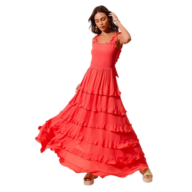 SO ME Smocked Ruffle Tier Maxi Dress With Open Back Fuchsia or