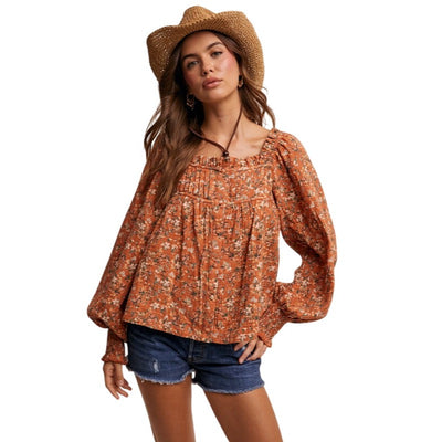 Listicle Square-neck Floral Print Blouse in Rust or Teal LT1376