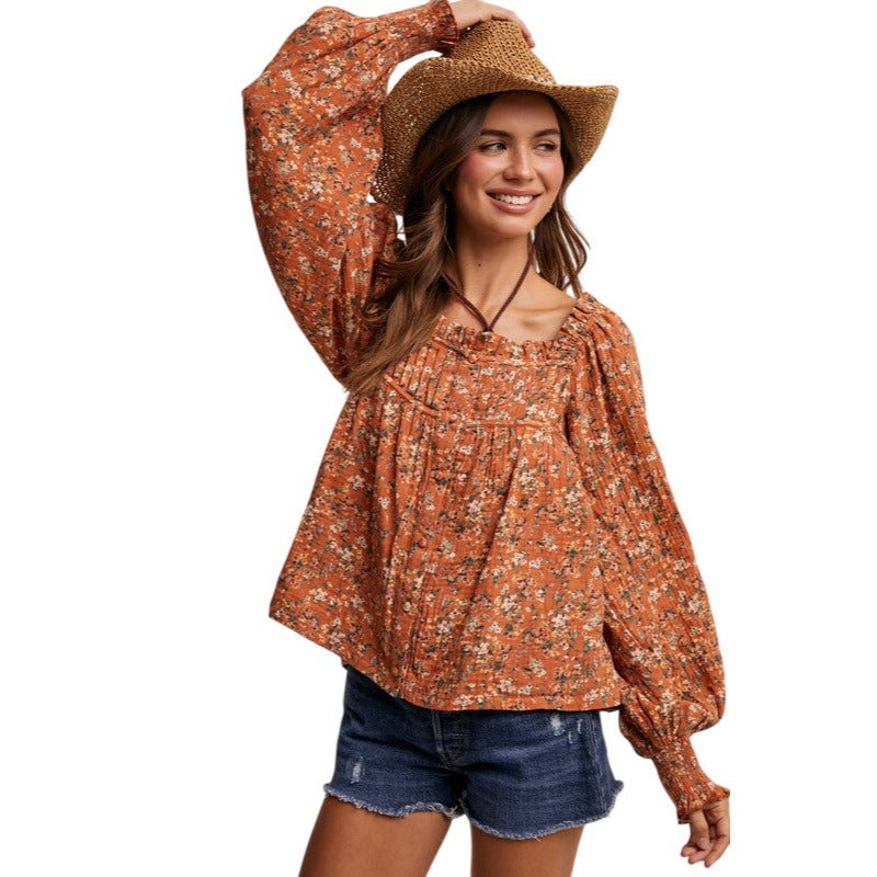 Listicle Square-neck Floral Print Blouse in Rust or Teal LT1376