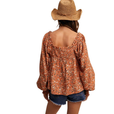 Listicle Square-neck Floral Print Blouse in Rust or Teal LT1376