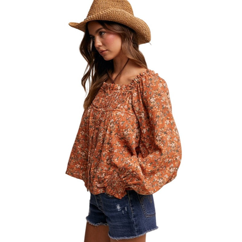 Listicle Square-neck Floral Print Blouse in Rust or Teal LT1376