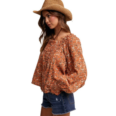 Listicle Square-neck Floral Print Blouse in Rust or Teal LT1376