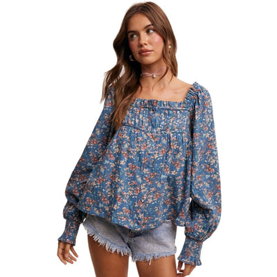 Listicle Square-neck Floral Print Blouse in Rust or Teal LT1376