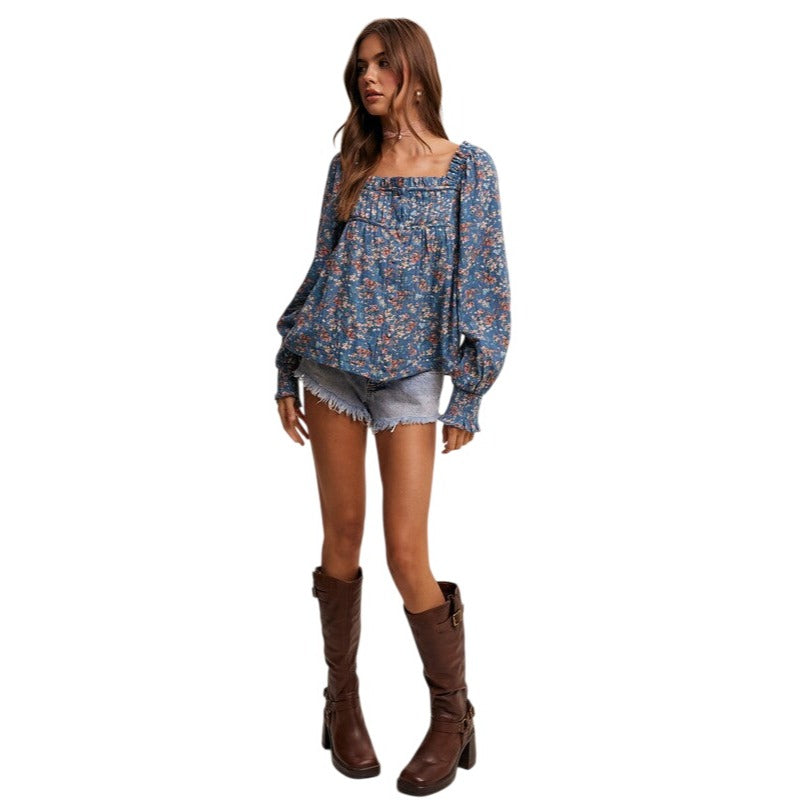 Listicle Square-neck Floral Print Blouse in Rust or Teal LT1376