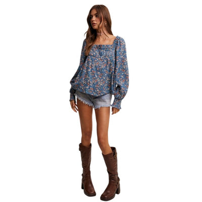 Listicle Square-neck Floral Print Blouse in Rust or Teal LT1376