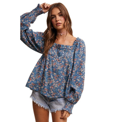 Listicle Square-neck Floral Print Blouse in Rust or Teal LT1376