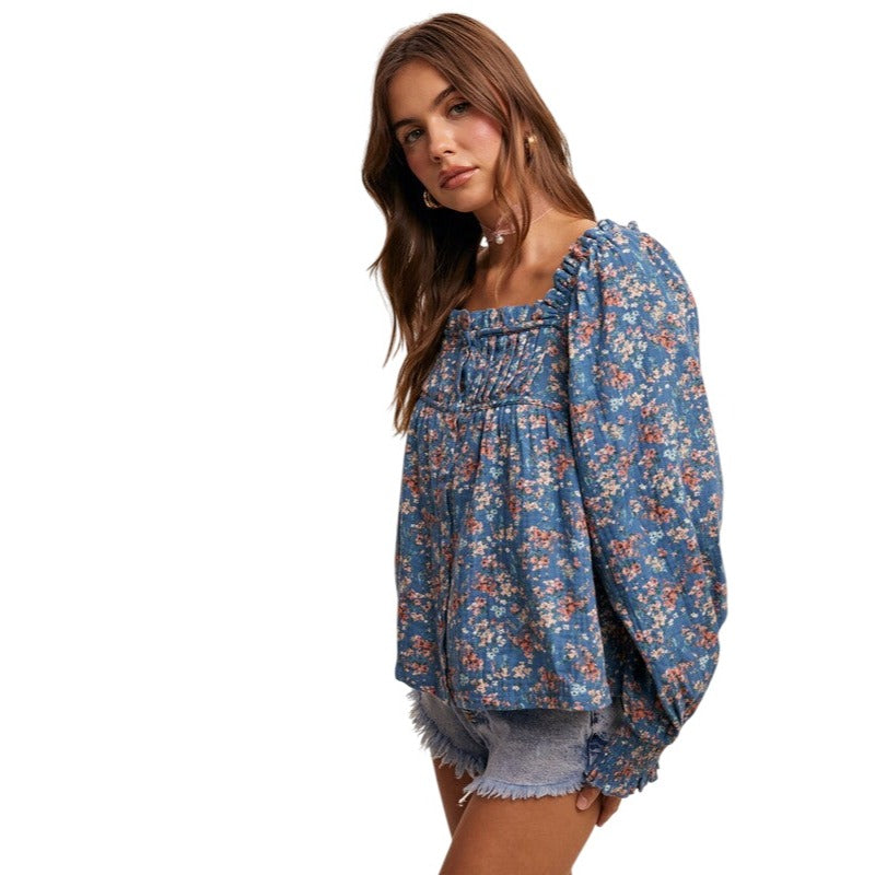 Listicle Square-neck Floral Print Blouse in Rust or Teal LT1376