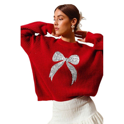 So Me Ribbon Sequins Christmas Ribbed Red Holiday Sweater ST1779-01