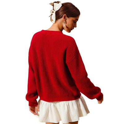 So Me Ribbon Sequins Christmas Ribbed Red Holiday Sweater ST1779-01