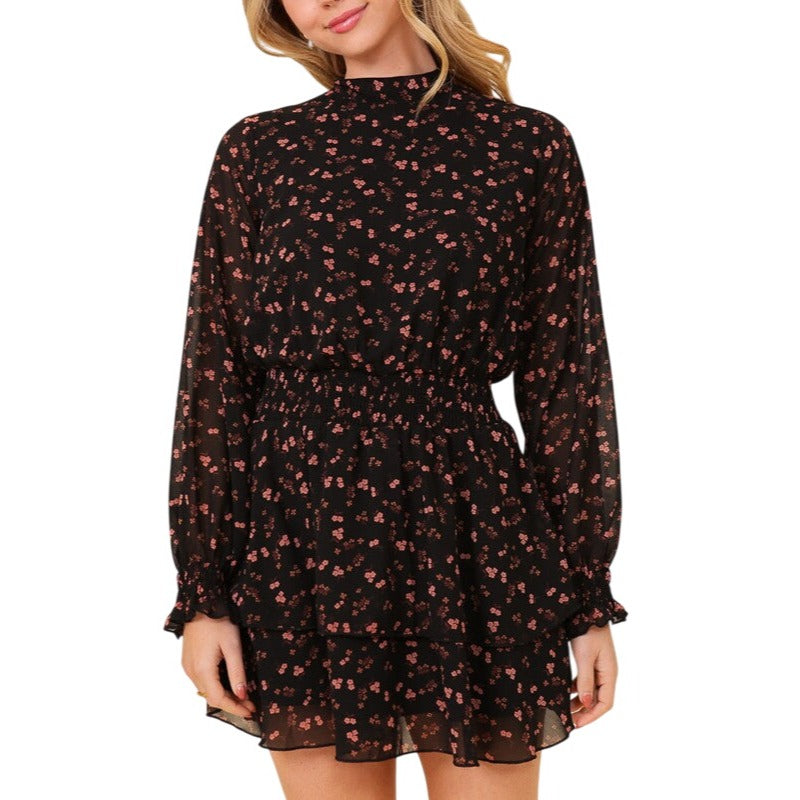 Timing Boho Mock Neck Floral Print Dress in Rust or Black WD8408