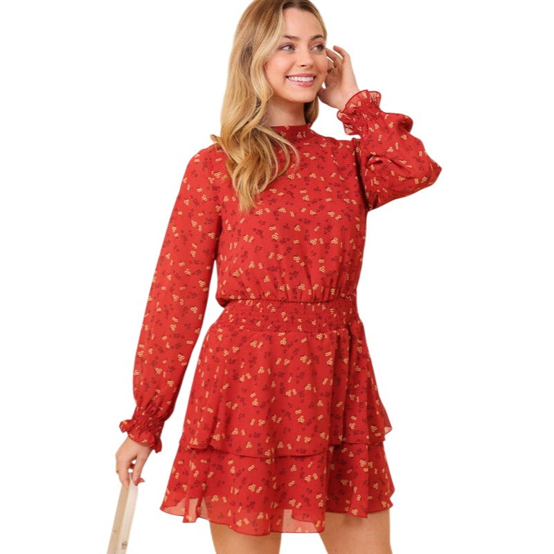 Timing Boho Mock Neck Floral Print Dress in Rust or Black WD8408