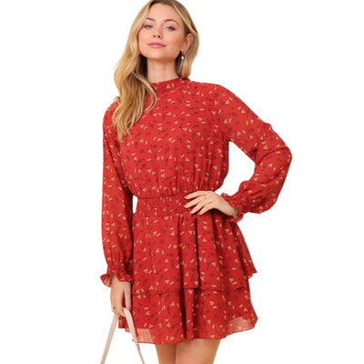 Timing Boho Mock Neck Floral Print Dress in Rust or Black WD8408