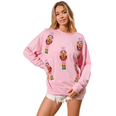 BIBI Pink Sequin Nutcrackers Embroidery Christmas Pullover Top IT1508G-39-C