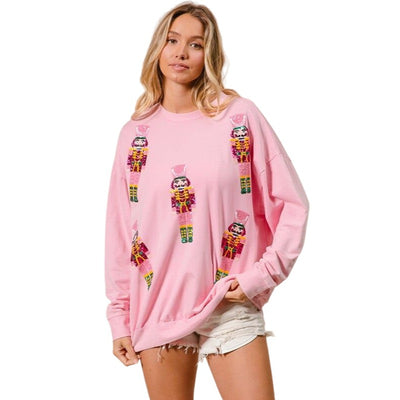 BIBI Pink Sequin Nutcrackers Embroidery Christmas Pullover Top IT1508G-39-C