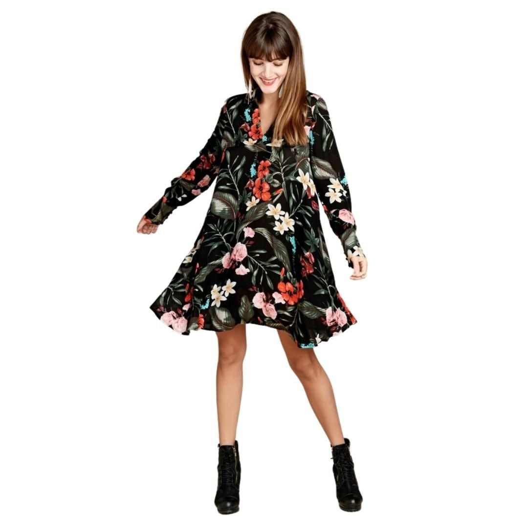 ODDI Black Long Sleeve Floral Print Collared V-Neck Mini Dress ID12295