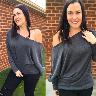 Charcoal Off The Shoulder Dolman Sleeve Top - Can Also Be Worn Boat Neck!! - Tops - dalia + jade 