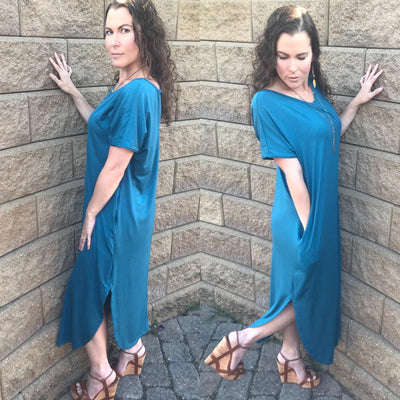 Teal Blue Open Back Maxi Dress with Side Pockets - Dress - dalia + jade 