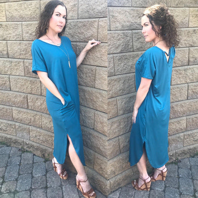 Teal Blue Open Back Maxi Dress with Side Pockets - Dress - dalia + jade 