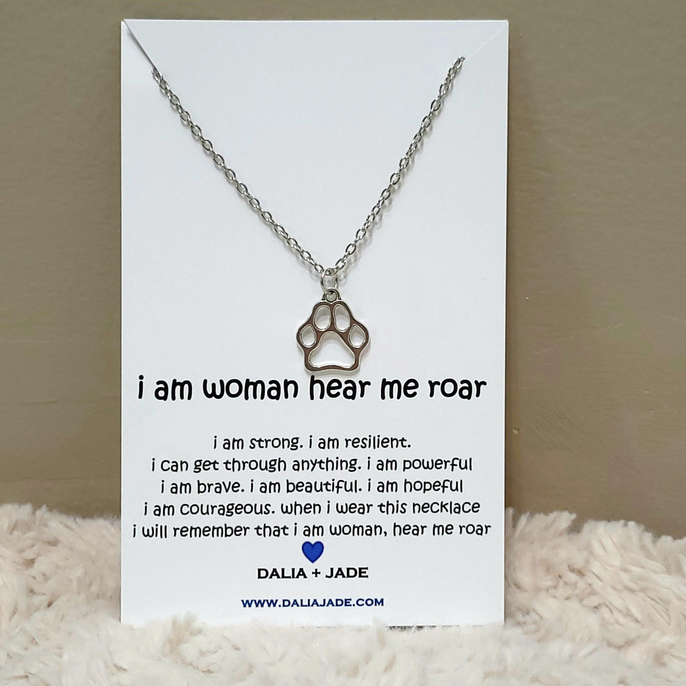 Girl Power!! Silver Paw Necklace with " I Am Woman, Hear Me Roar " Message Card - Accessories - dalia + jade 