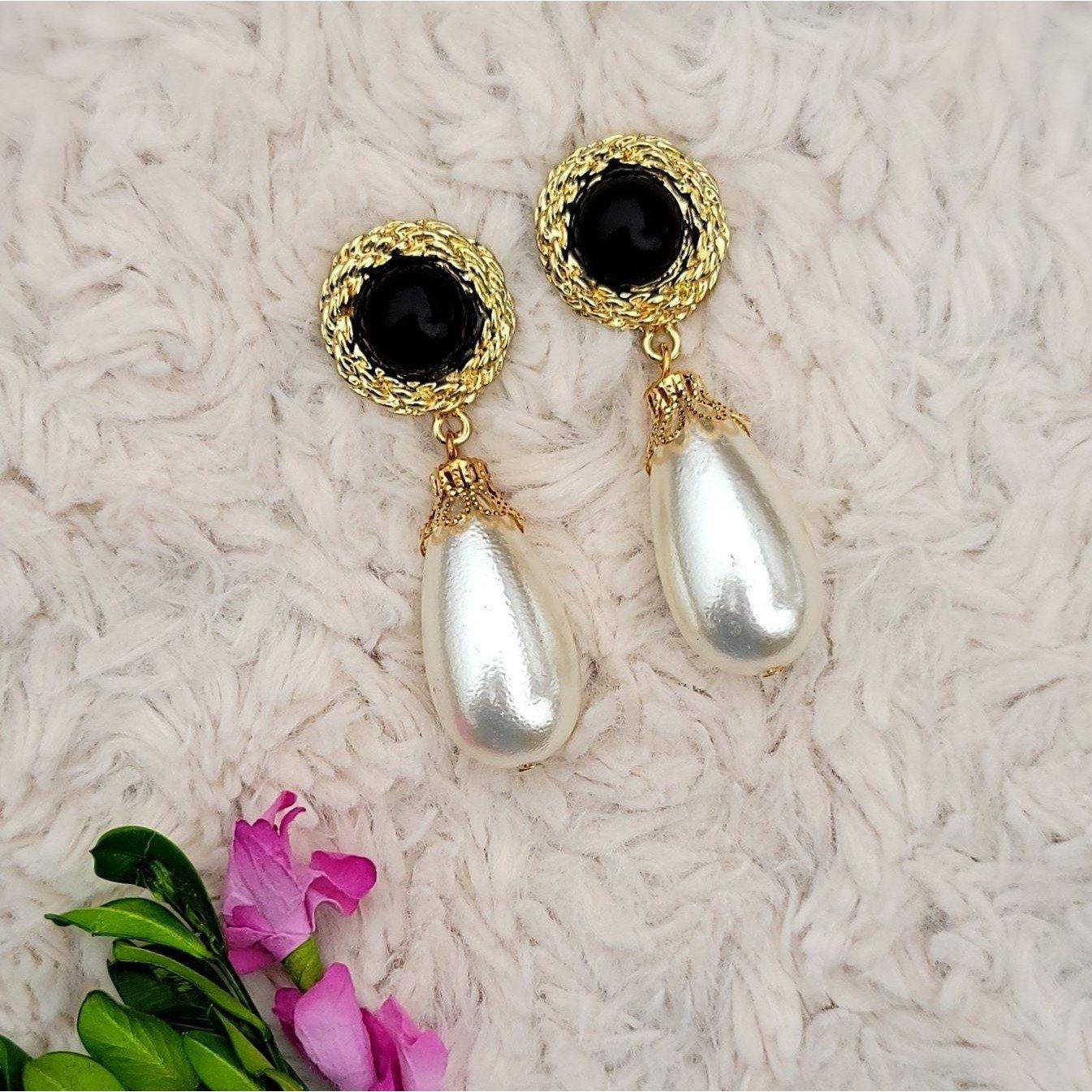 NEW Ivory Faux Pearl Drop Earrings with Black Circle Gem and Gold Hardware - 2" - Accessories - dalia + jade 