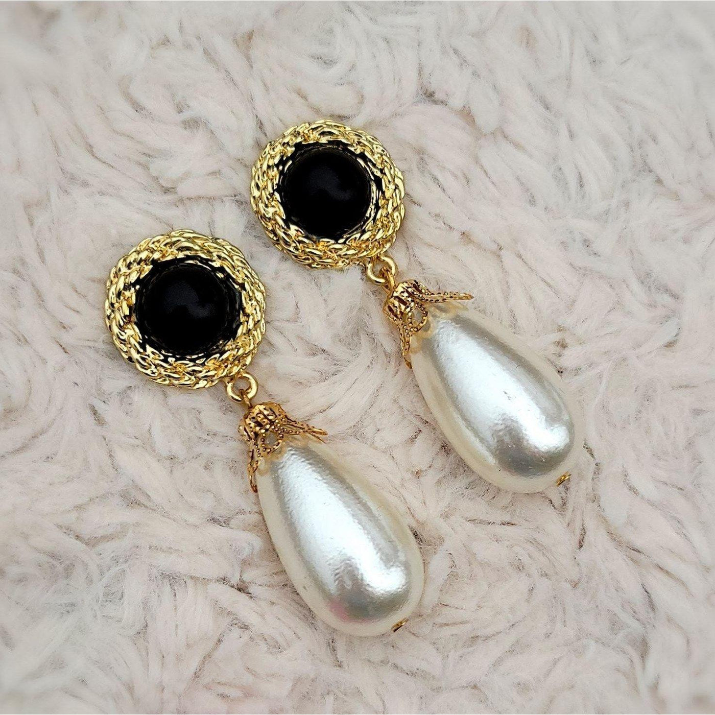 NEW Ivory Faux Pearl Drop Earrings with Black Circle Gem and Gold Hardware - 2" - Accessories - dalia + jade 