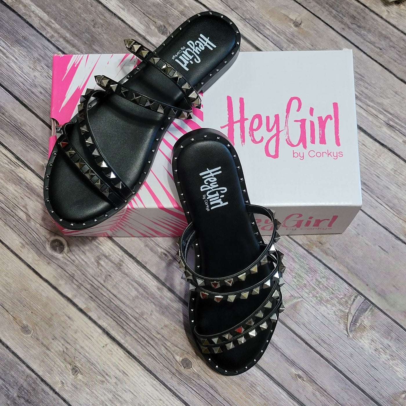 Hey Girl By Corkys Beach Please Sandals Black Faux Leather Studded Open Toe Shoe