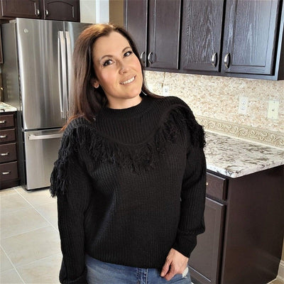 Jodifl Black Pullover Sweater with Fringe Chest Detailing - sweater - dalia + jade 