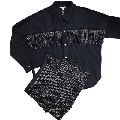 Main Strip Stud Fringe Raw Hem Oversized Black Denim Jacket Shirt Shacket