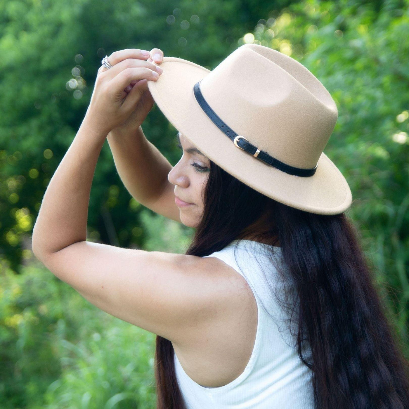 Black Flat Wide Brim Fedora Paloma Felt Hat with Skinny Belt Strap - Accessories - dalia + jade 
