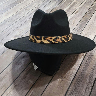 Black Fedora Paloma Wide Brim Hat with Leopard Print Strap - Accessories - dalia + jade 