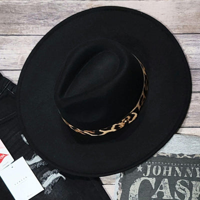 Black Fedora Paloma Wide Brim Hat with Leopard Print Strap - Accessories - dalia + jade 