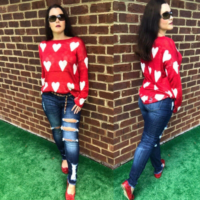 Red Distressed Long Sleeve Heart Sweater 546 - sweater - dalia + jade 