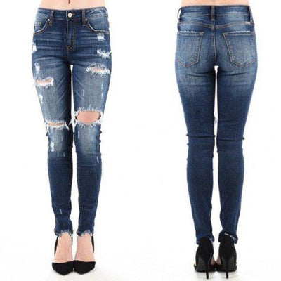 Kancan KC5055D Dark Wash Mid Rise Distressed Skinny Jeans - jeans - dalia + jade 
