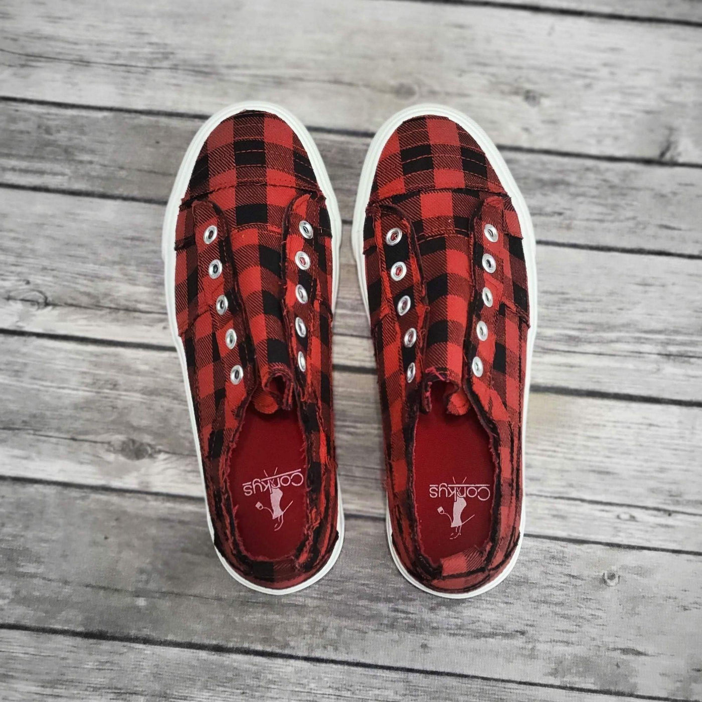 Corkys Babalu Red Buffalo Plaid Slip On Fashion Sneaker - Shoes - dalia + jade 