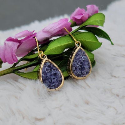NEW Purple Druzy Dangle Drop Gold Tone Earrings - 1.25" Total Length - Accessories - dalia + jade 