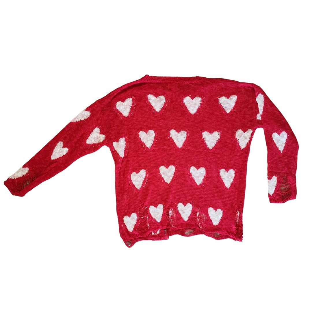 BIBI Red Long Sleeve Distressed White Heart Sweater IP1067