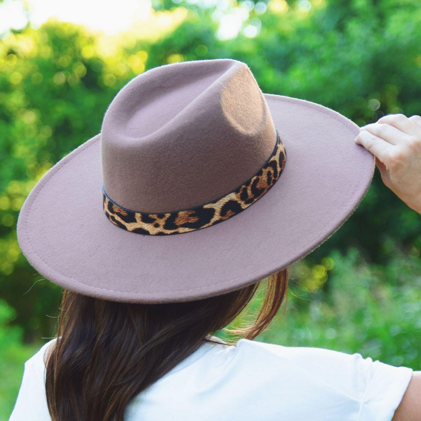 Brown Wide Stiff Brim Fedora Paloma Felt Hat with Leopard Strap Detail - Accessories - dalia + jade 