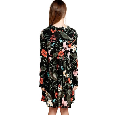ODDI Black Long Sleeve Floral Print Collared V-Neck Mini Dress ID12295