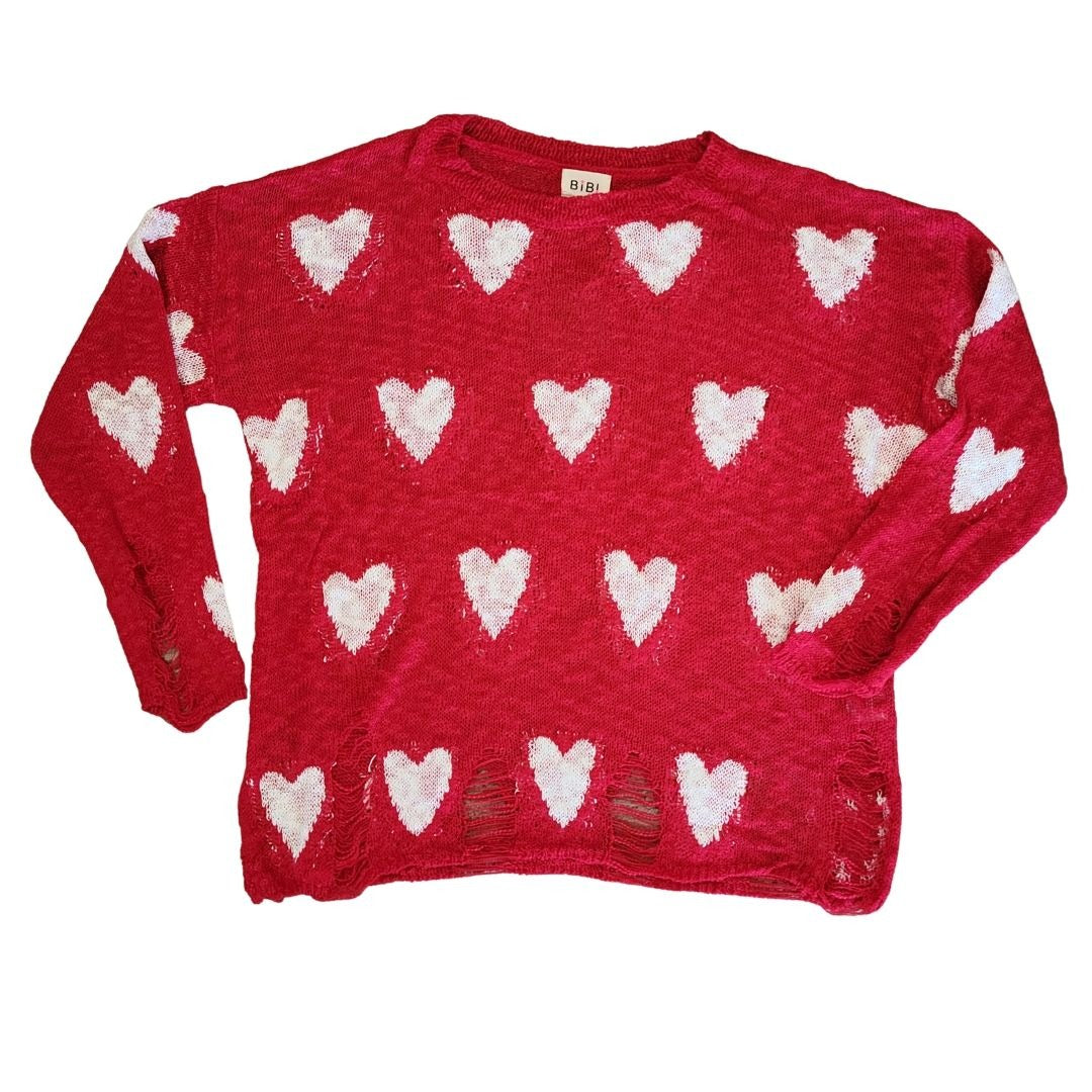 BIBI Red Long Sleeve Distressed White Heart Sweater IP1067
