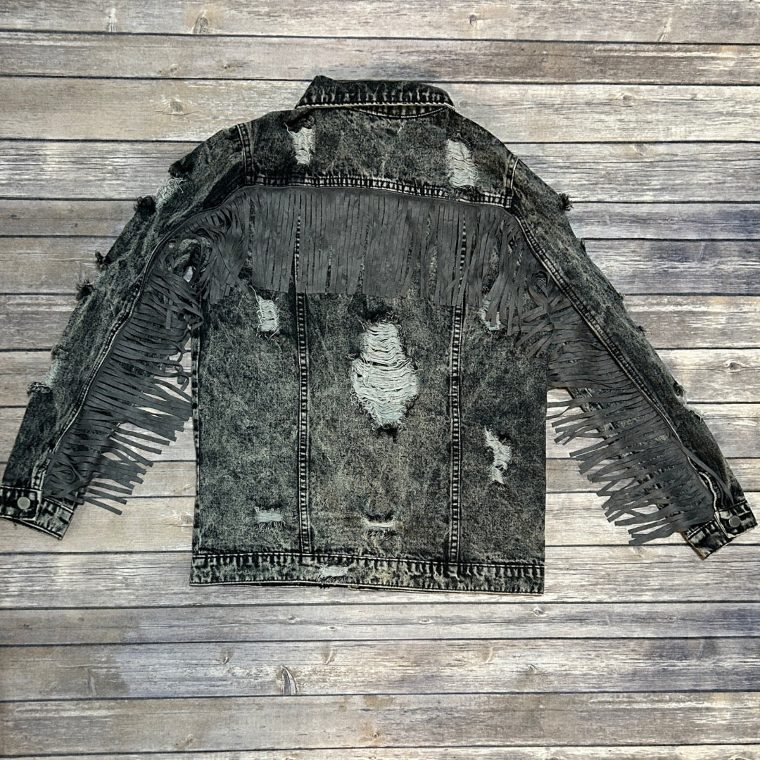 Fantastic Fawn Charcoal Gray Fringe Sleeve Distressed Denim Jacket IJ95020